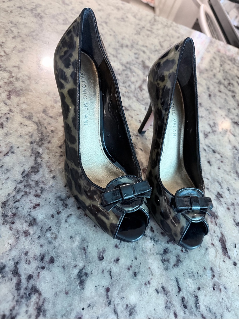 ANTONIO MELANI Leopard-Print Peep-Toe Heels with Bow Accent - Black/Brown
